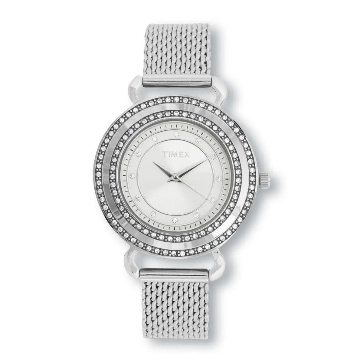 Timex T2P231 Silver Tone Mesh Stainless Steel Bracelet Crystal Pave Watch