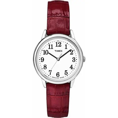 Timex TW2P68700 Women`s Easy Reader Dark Red Leather Watch Indiglo - Dial: White, Band: Red