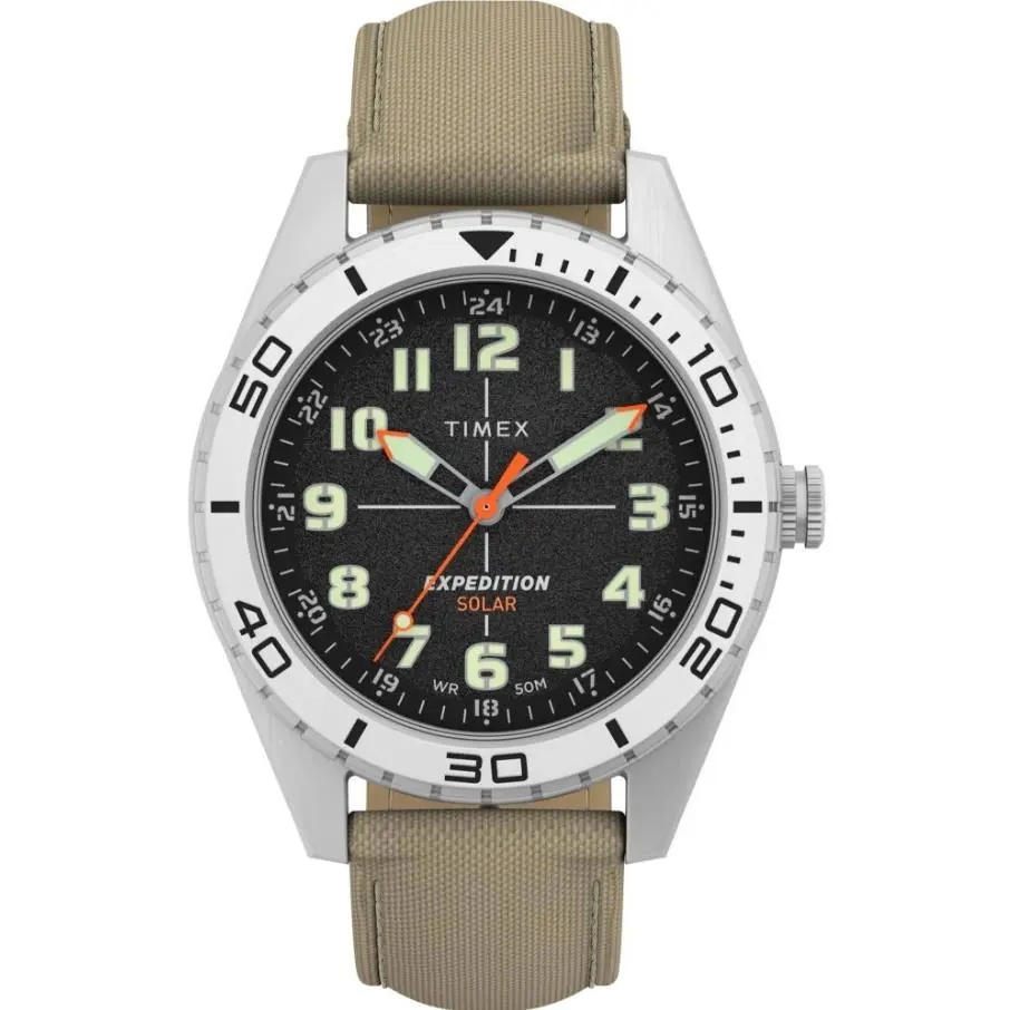 Timex Expedition Field Solar Powered 43mm Fabric Strap Men`s Watch TW4B30700 - Dial: Black, Band: Beige, Bezel: Silver