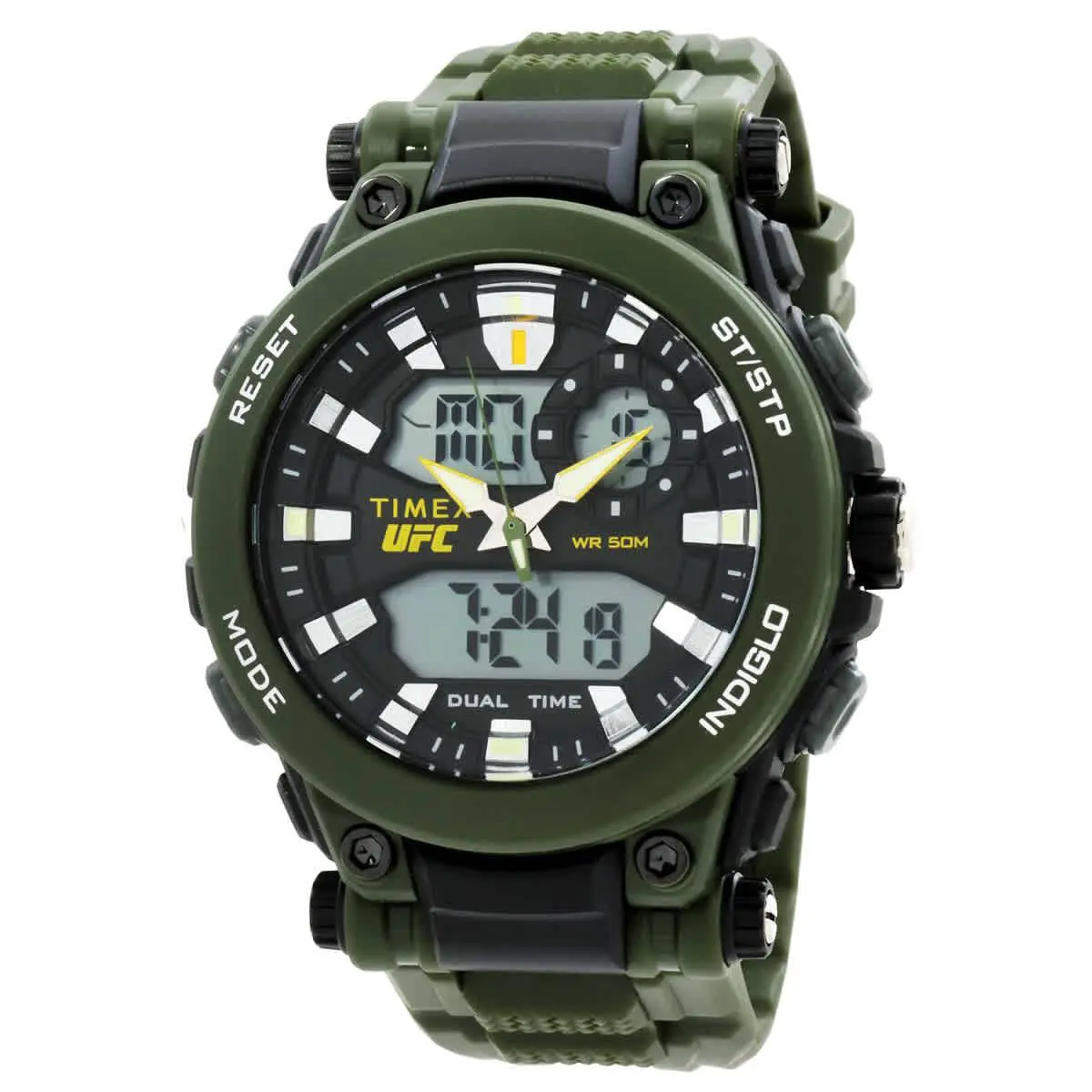 Timex Ufc Impact Alarm Quartz Analog-digital Black Dial Men`s Watch TW5M52900 - Dial: Black, Band: Green, Bezel: Green