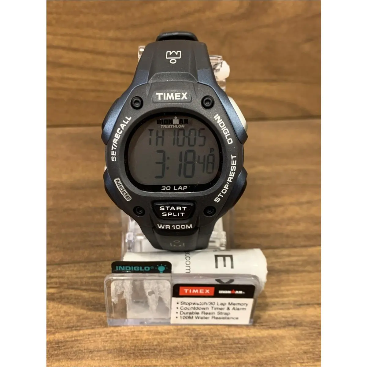 Timex T5H591 Men`s Ironman 30-Lap Resin Watch Alarm Indiglo Chronograph - Band: Black, Bezel: Blue