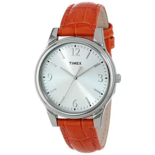 New-timex Silver Tone White Dial Orange Croc Leather Band Watch T2P087TN