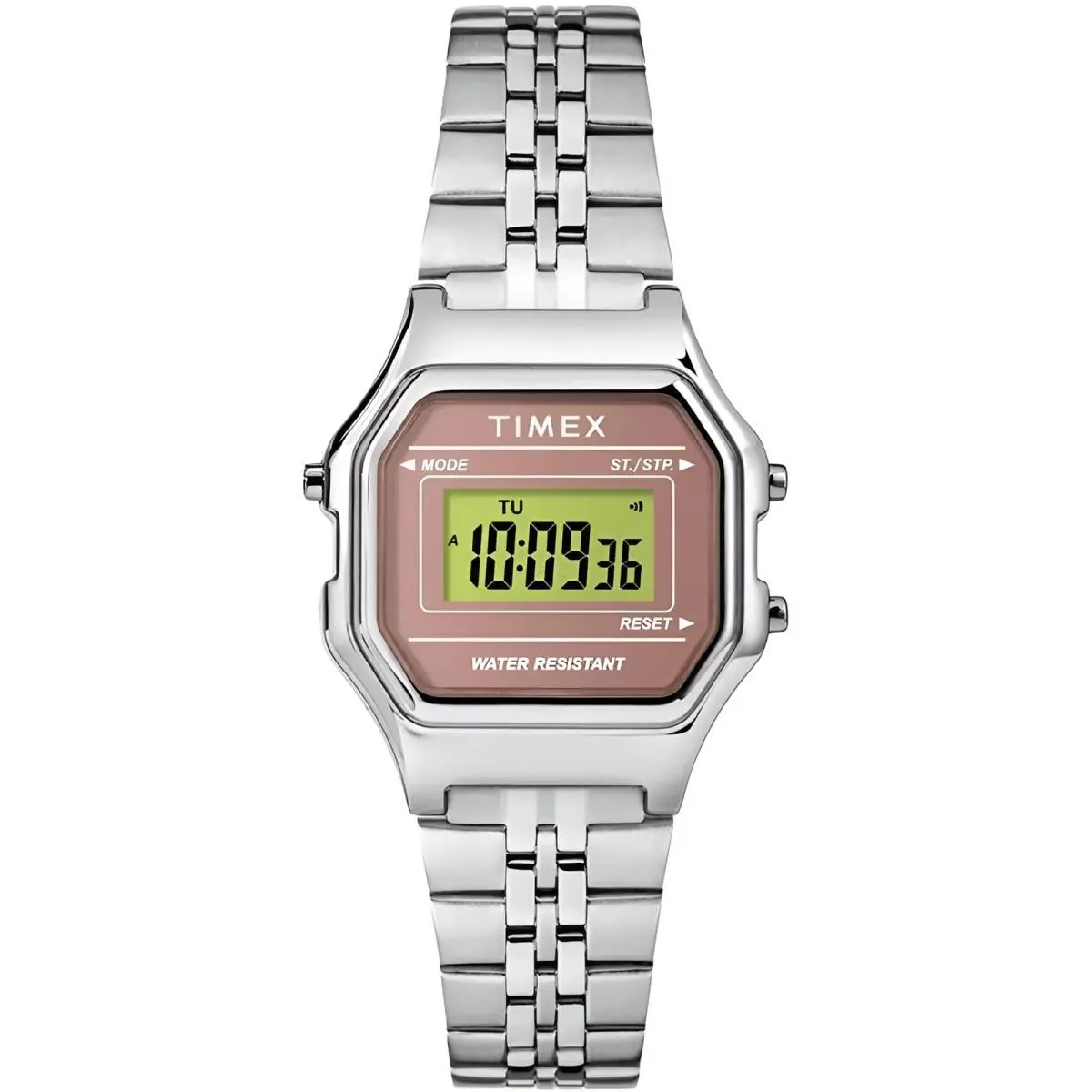 Timex Women`s Watch T80 Pink and Grey Dial Silver Bracelet Digital TW2T48500