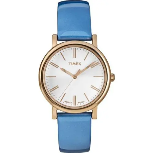 Indiglo Light Gold Tone Shiny Blue Leather Band Round Dial Watch T2P330 by Timex