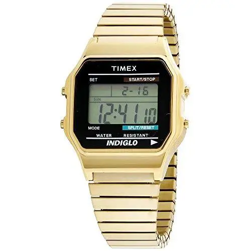 Timex Men`s T78677 Classic Digital Gold-tone Stainless Steel Expansion Band - Gold-Tone, Dial: Green, Band: Gold