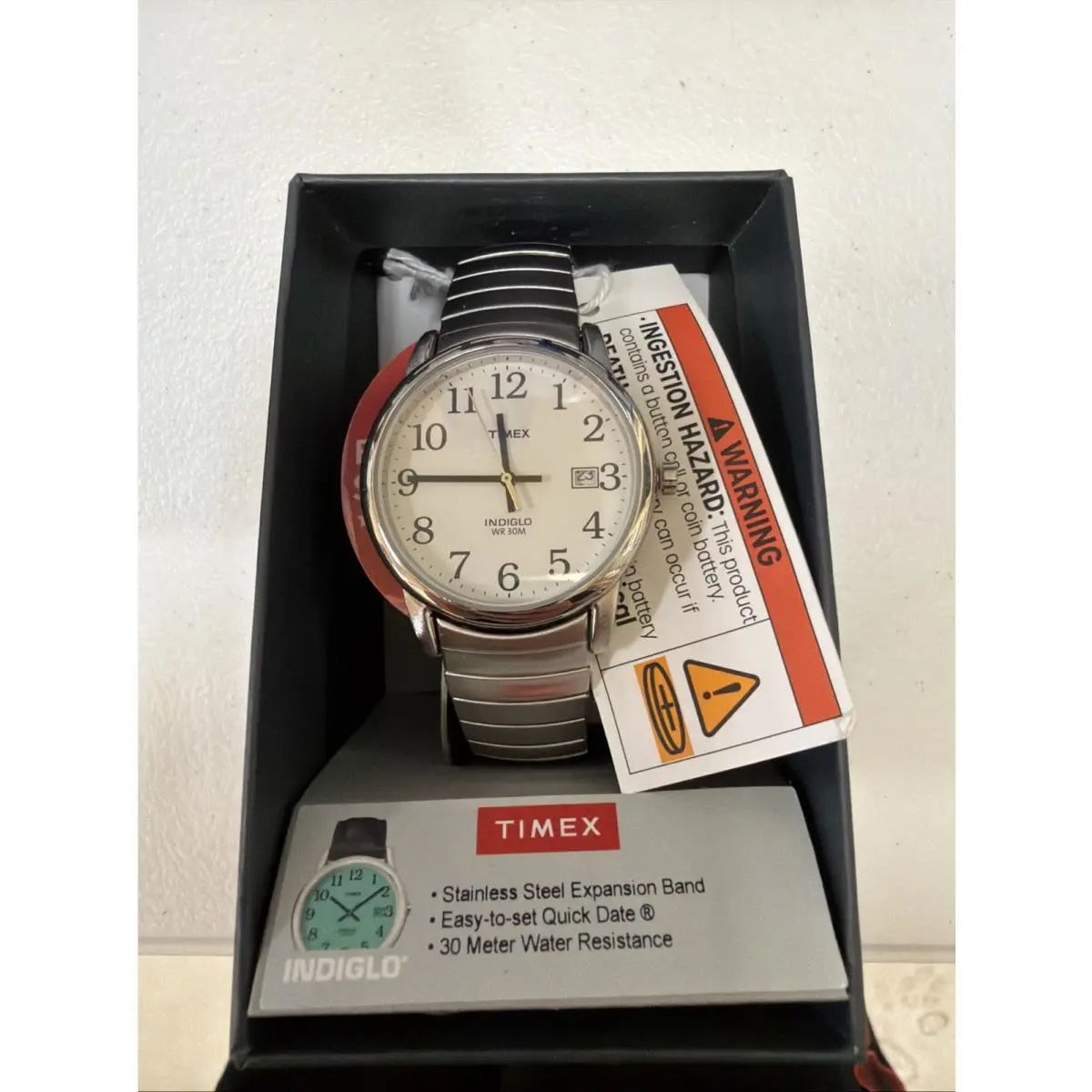 Timex Easy Reader T2H451 Silver-tone 35mm Indiglo Date Stainless Expansion Band - Dial: White, Band: Silver, Bezel: Silver