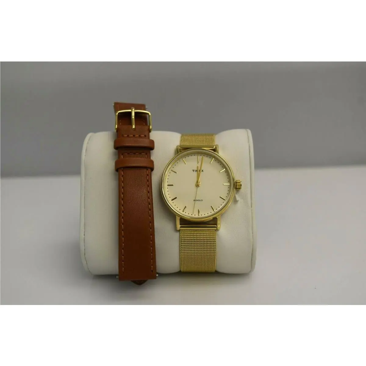 Women`s Gold IP Mesh Set Brown Leather TWG016600UL Watch by Timex