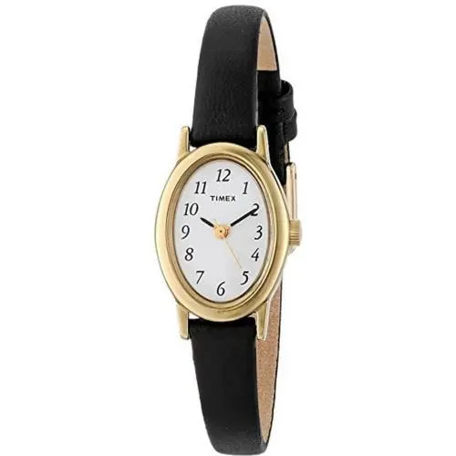 Timex T219129J Women`s Cavatina Black Leather Band Watch - Gold, Dial: White, Band: Black