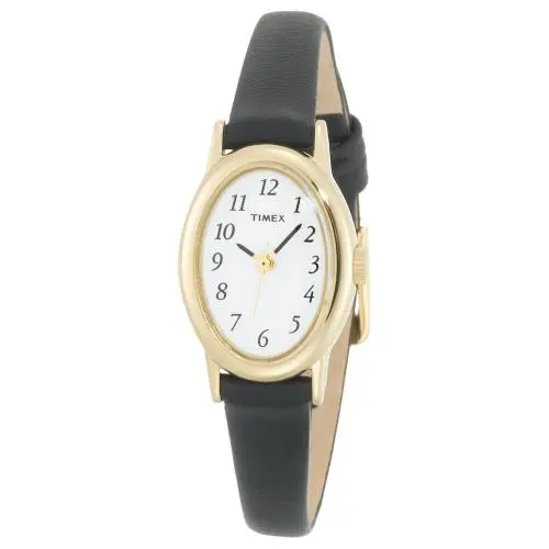 Timex T21912 Women`s Cavatina Black Leather Watch - Dial: White, Band: Black