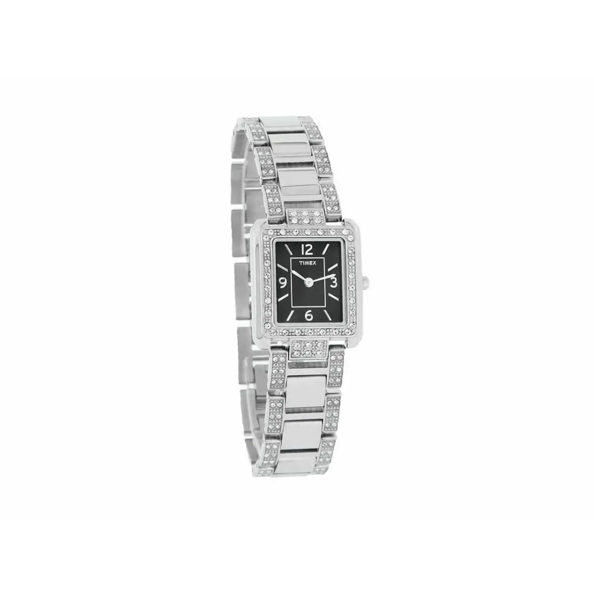 Timex T2P413 Women`s Dress Crystal Black Dial Stainless Steel Square Watch - Dial: Black, Band: Silver