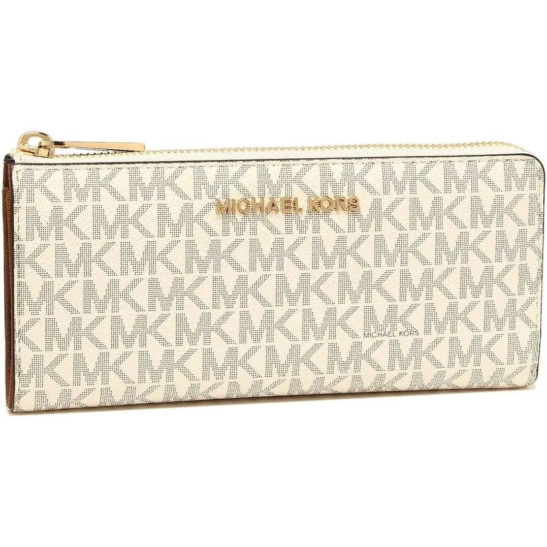 Michael Kors Jet Set Travel Large Logo Quarter Zip Wallet Vanilla MK Siganture