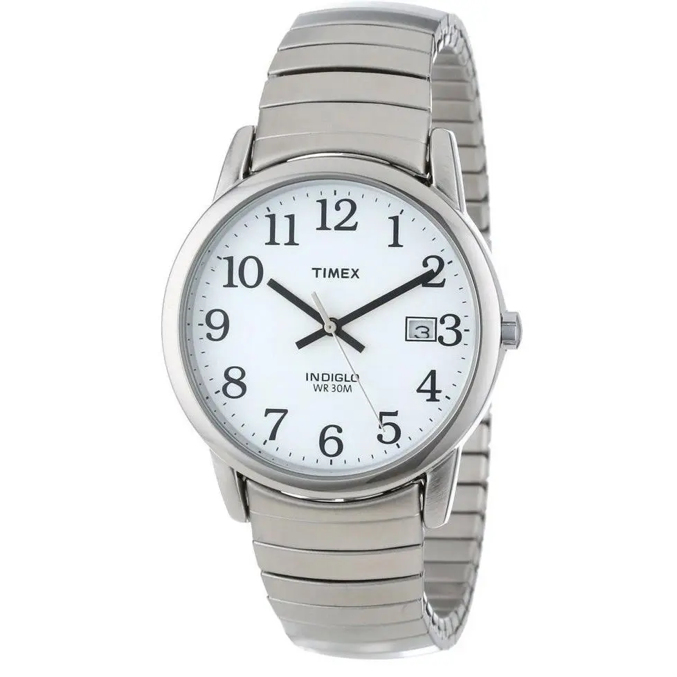 Timex T2H451 Men`s Easy Reader Expansion Band Watch Indiglo Date - Dial: White, Band: Silver