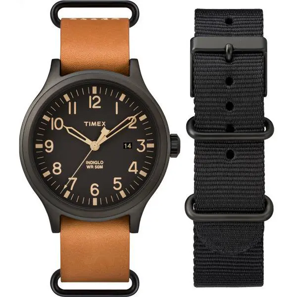 Timex Gunmetal Tone Brown Leather+black Nylon Bands 2 PC Set Watch TWG017400 - Dial: Black, Brown, Band: Black, Brown, Manufacturer Band: BROWN,BLACK