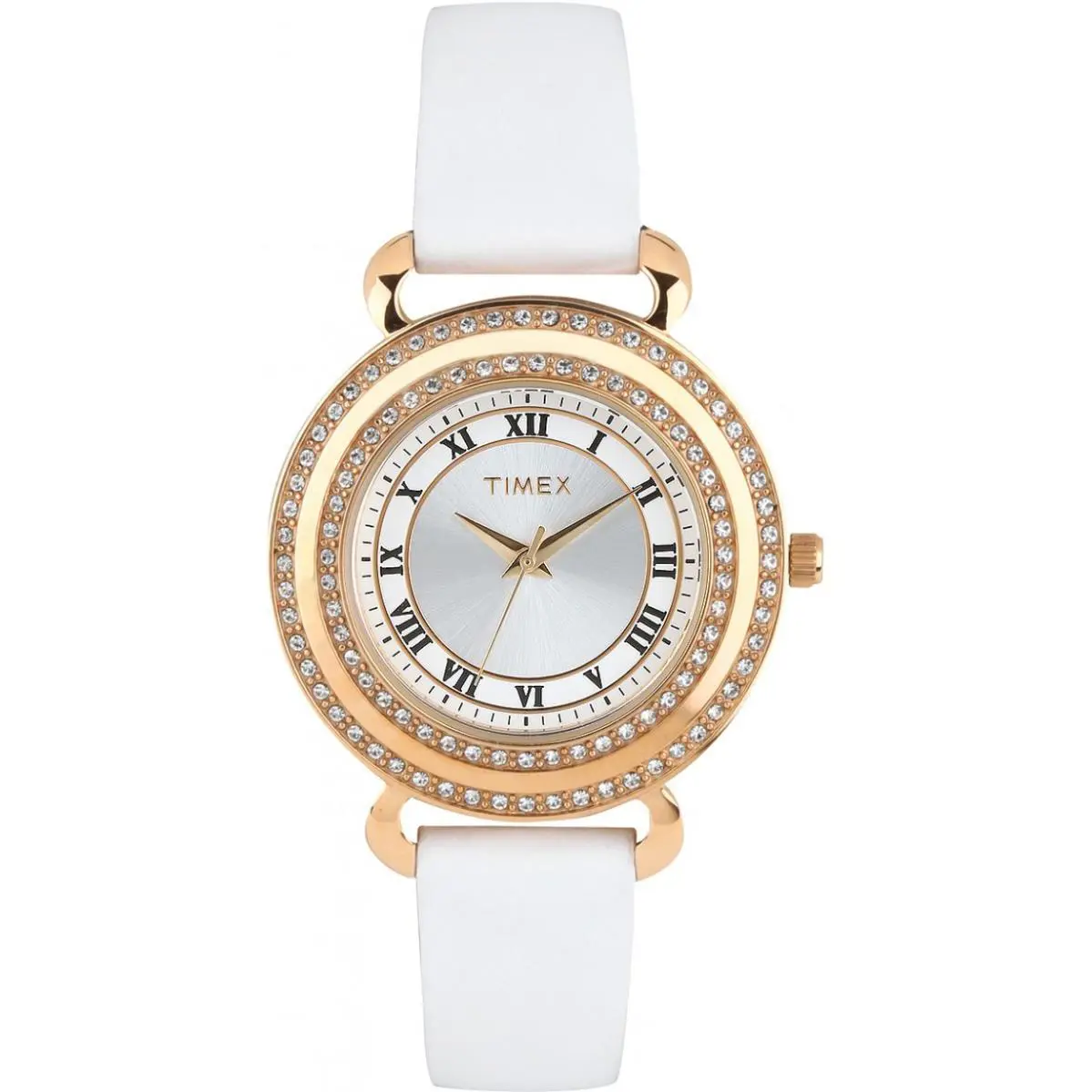 Rose Gold Tone White Leather Band Crystal Pave Roman `S Watch T2P230 by Timex