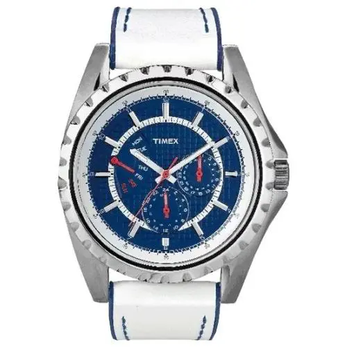 Timex Silver Tone White Leather+blue Trim Band Multi Dial WATCH-T2N110