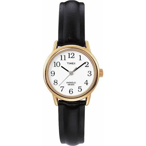 Timex T20433 Women`s Easy Reader Black Leather Watch Indiglo 25MM Case - Dial: White, Band: Black, Bezel: Gold