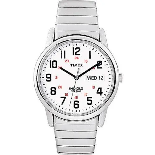 Timex T2N091 Men`s Easy Reader X- Long Expansion Band Watch Indiglo Date - Dial: White, Band: Silver