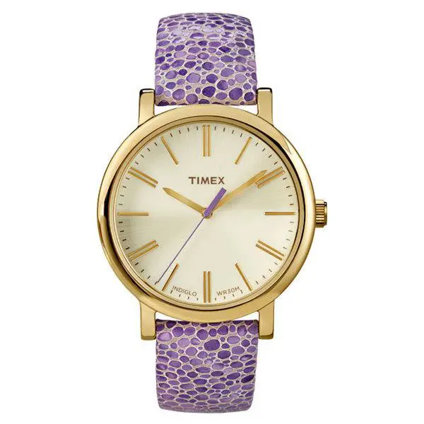 Timex Gold Tone Purple Mosaic Leather Grande Classic Indiglo WATCH-T2P326