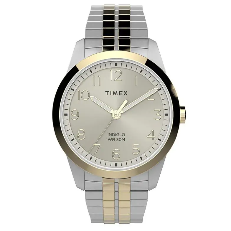 Timex Main Street Perfect Fit 3-Hand Men`s Gold Dial Expansion Watch TW2V04600 - Dial: Gold, Band: Gold, Silver