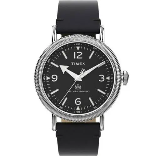 Timex Waterbury Standard Men`s Black Dial Leather Strap Quartz Watch TW2W20200 - Silver, Dial: Black, Band: Black