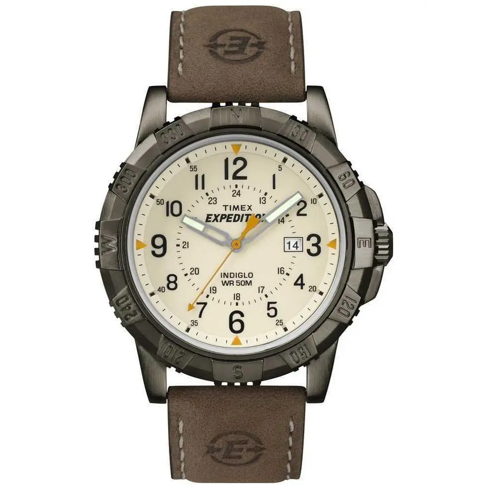 T49990 Men`s Expedition Brown Leather Watch Indiglo Date by Timex