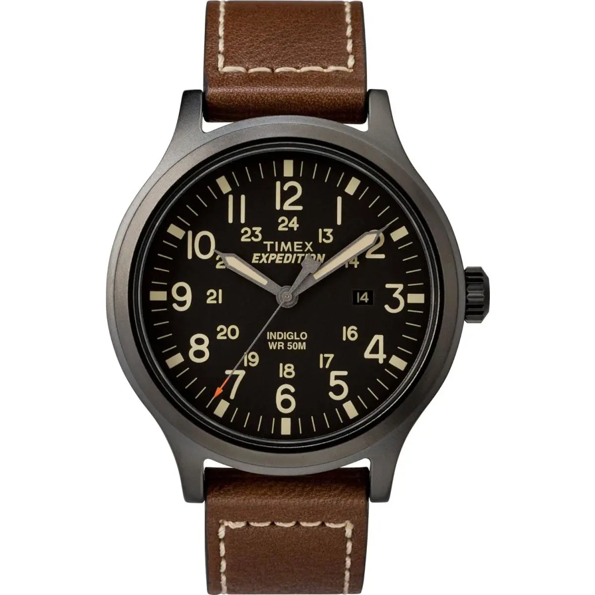Timex Men`s Expedition Scout 43 Mm Watch – Black Dial Case with Brown Leather - Dial: Black, Band: Brown