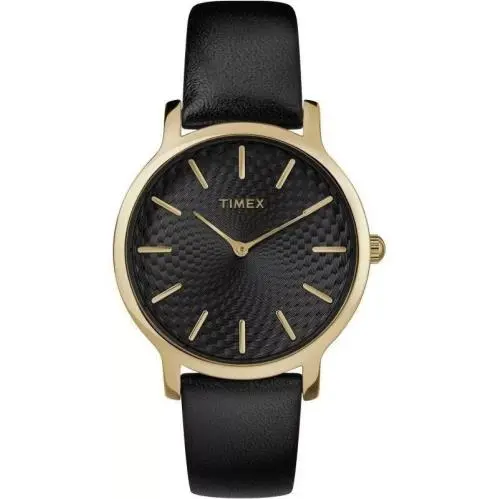 Timex Transcend 34mm Black Dial Gold Tone Leather Ladies Watch