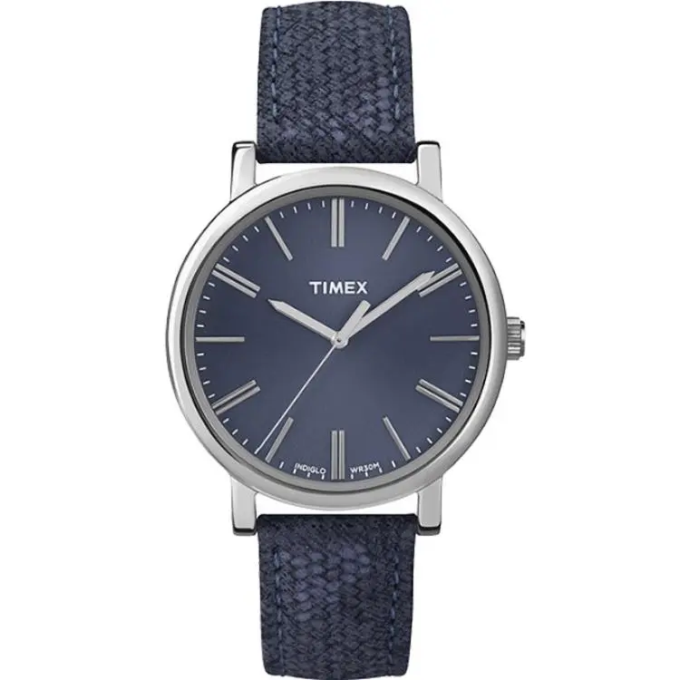Silver Tone Blue Leather Band Blue Round Dial Watch T2P171 by Timex
