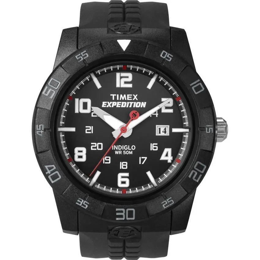 Timex T49831 Men`s Expedition Black Resin Watch Indiglo Date 50 Meter - Dial: Black, Band: Black, Bezel: Black