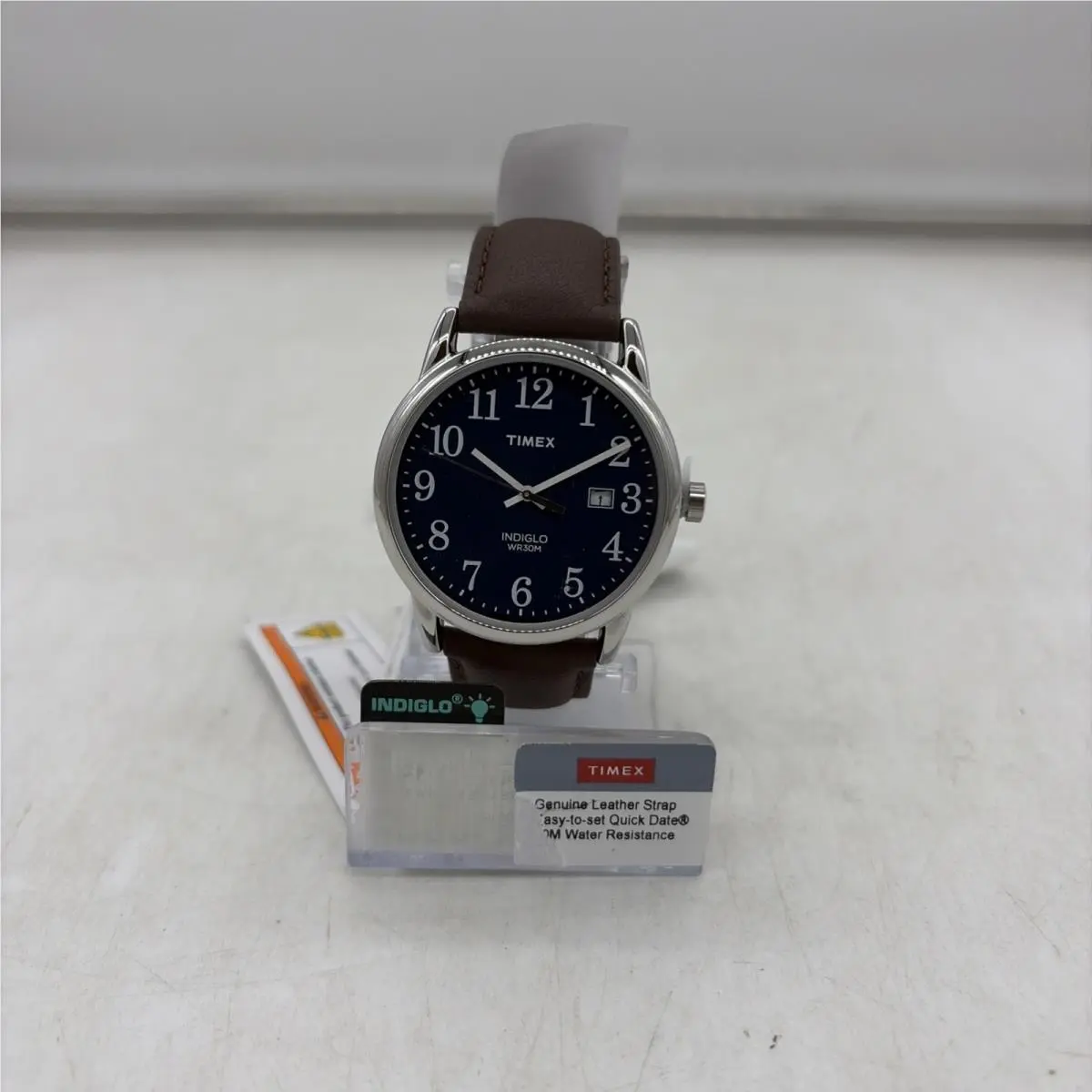 Timex TW2P75900 Men`s Easy Reader Brown Leather Watch Indiglo Date - Dial: Blue, Band: Brown
