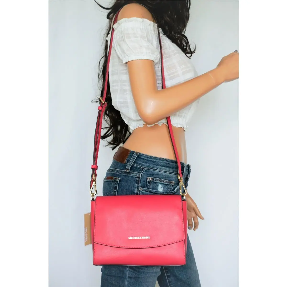 Ellis Medium Flap Shoulder Crossbody Leather Bag Electric Pink by Michael Kors