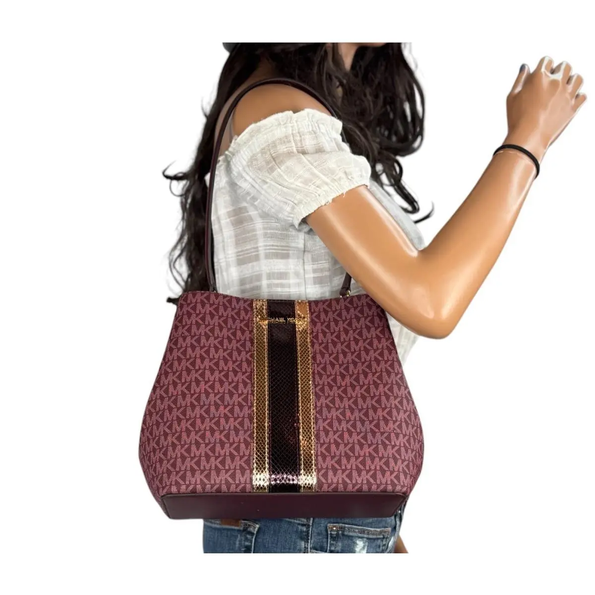 Michael Kors Pratt MD Bucket Shoulder Tote Bag Center Stripe MK Oxblood Multi