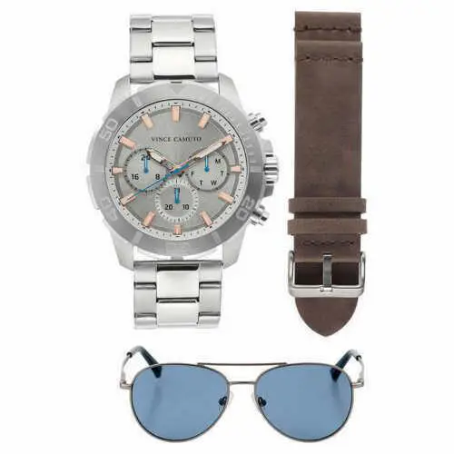 VC/1147GYSVST Chronograph Stainless Steel Men`s Watch Sunglass Set by Vince Camuto