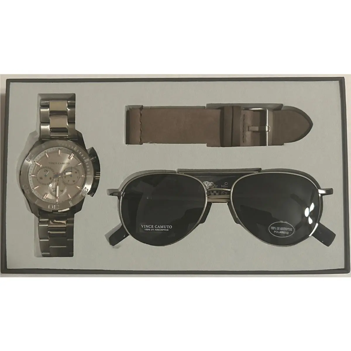 Vince Camuto Gift Set Stainless Steel Men`s Watch with Sunglasses VC/1147GYSVST