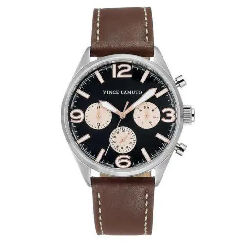 Mens Watch VC/1102BKBN Black Dial Brown Leather Strap by Vince Camuto