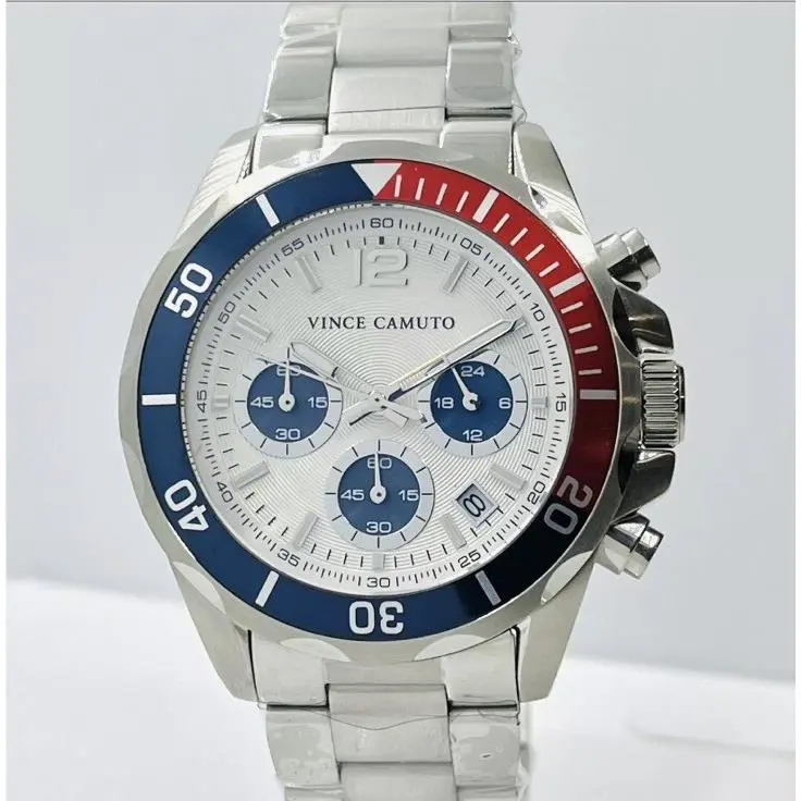 Men`s Chronograph Stainless Steel 43mm Red/blue Watch W/box by Vince Camuto