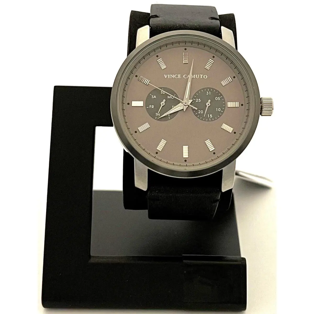 Stainless Steel Watch with Black Leather Band VC/1142GYSV by Vince Camuto