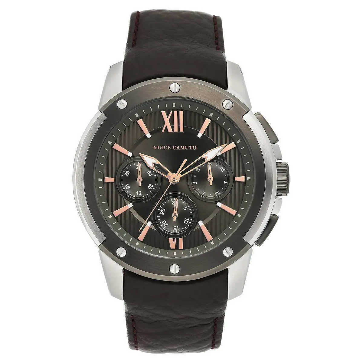 VC/1129DGSV Chronograph Day/date Leather Strap Men`s Watch by Vince Camuto