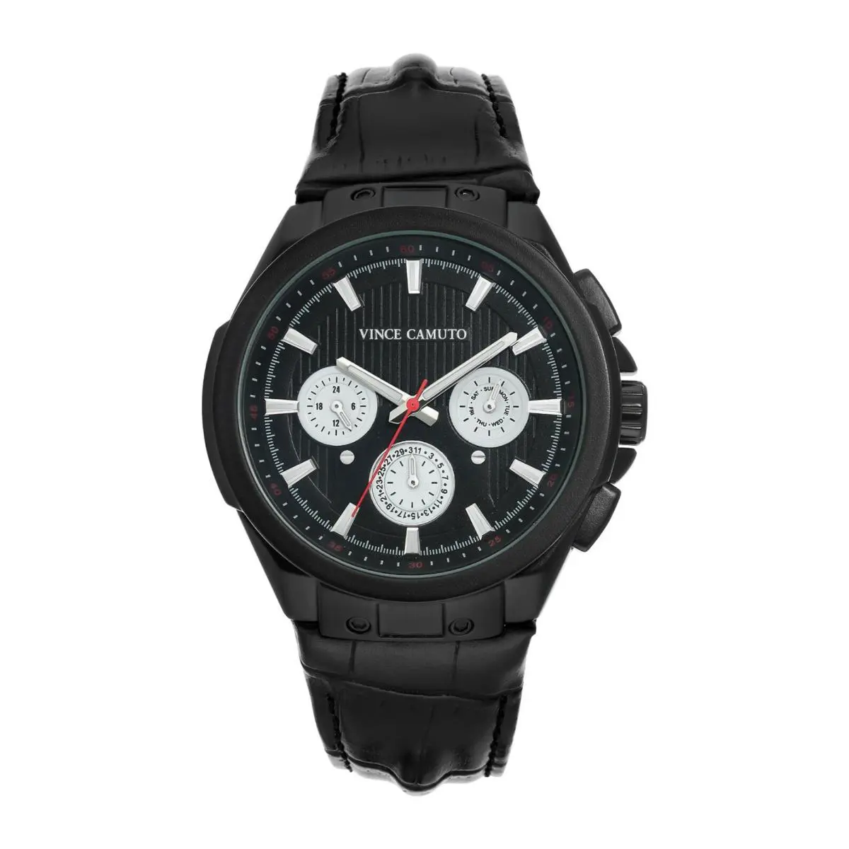 VC/1123BKBK Men`s Quartz Black Leather Strap Watch 45mm by Vince Camuto