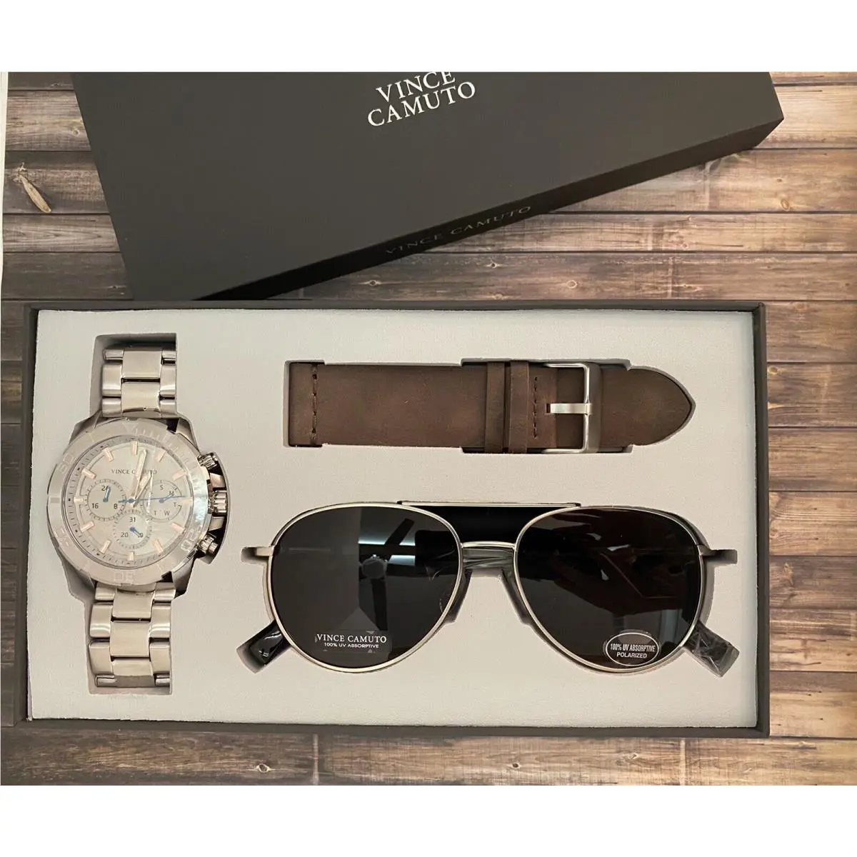 Chronograph Stainless Steel Men`s Watch Sunglass Set VC/1147GYSVST by Vince Camuto