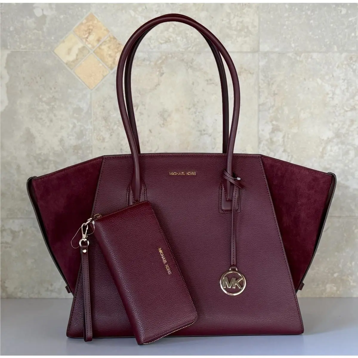 Michael Kors Avril XL Top Zip Tote Shoulder Bag + Wallet Set Oxblood