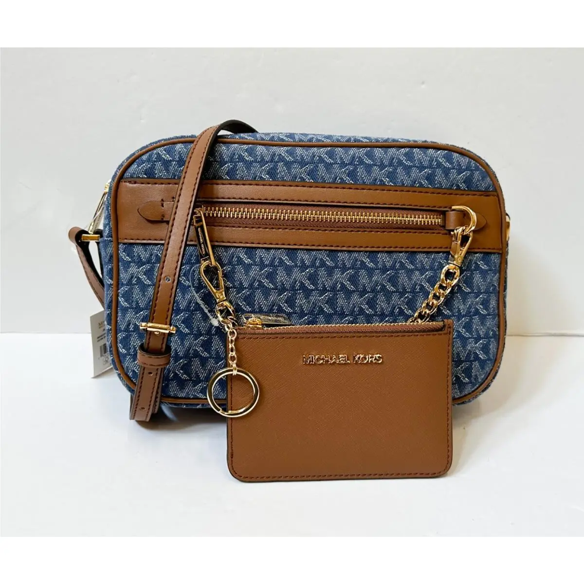 Michael Kors Jet Set Item Chain Crossbody Bag + ID Key Wallet MK Denim Multi