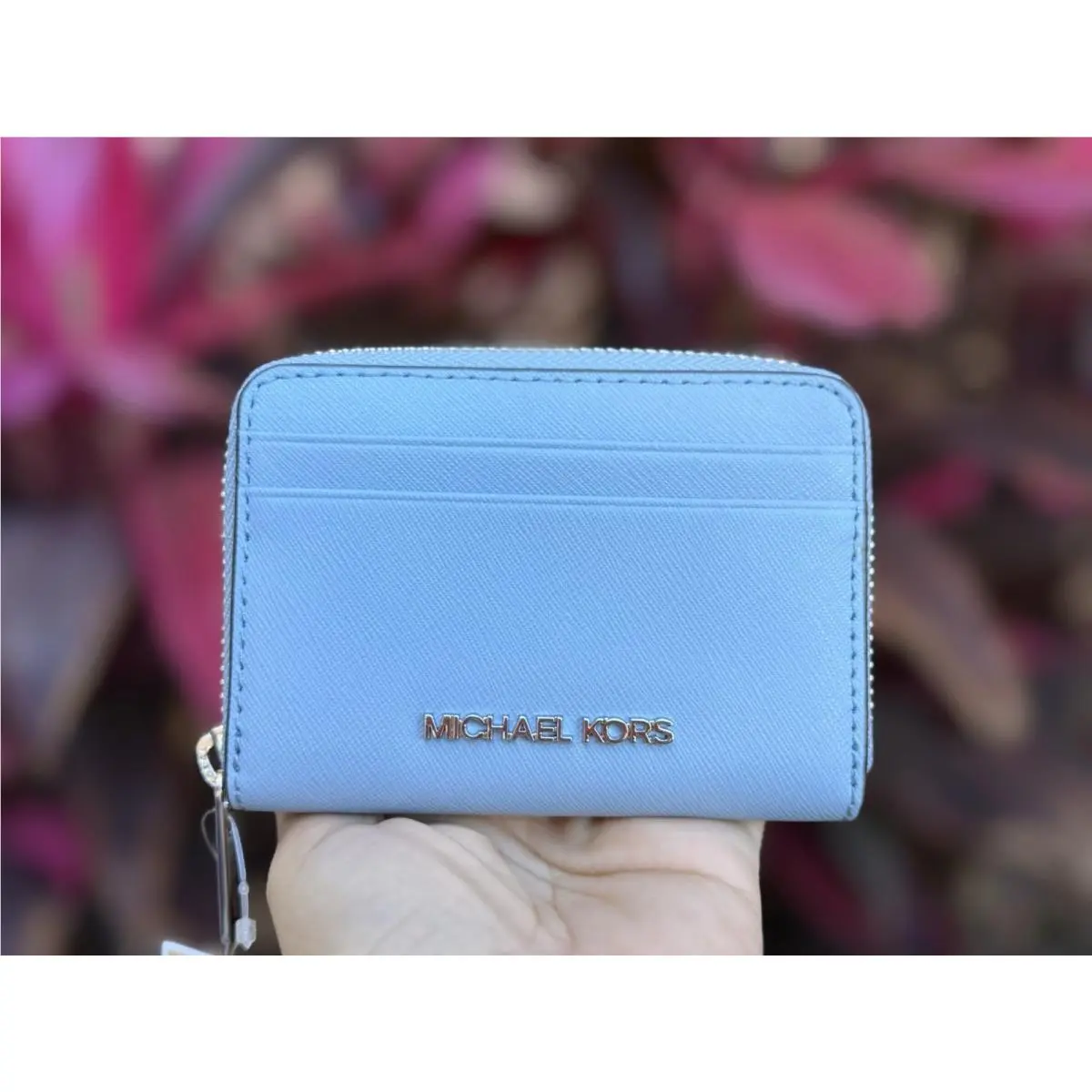 Michael Kors Jet Set Travel MD Zip Around Card Case Wallet Pale Blue/silver