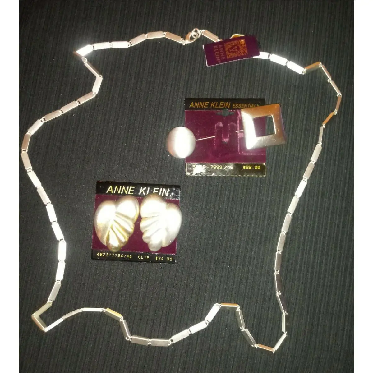 Vintage Anne Klein Brushed Silvertone 36 Necklace-clip ON Earrings- Stick P