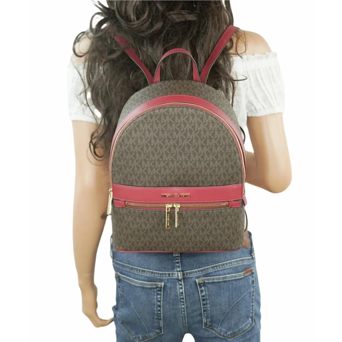 Michael Kors Kenly Medium Backpack Pvc Leather MK Brown Berry