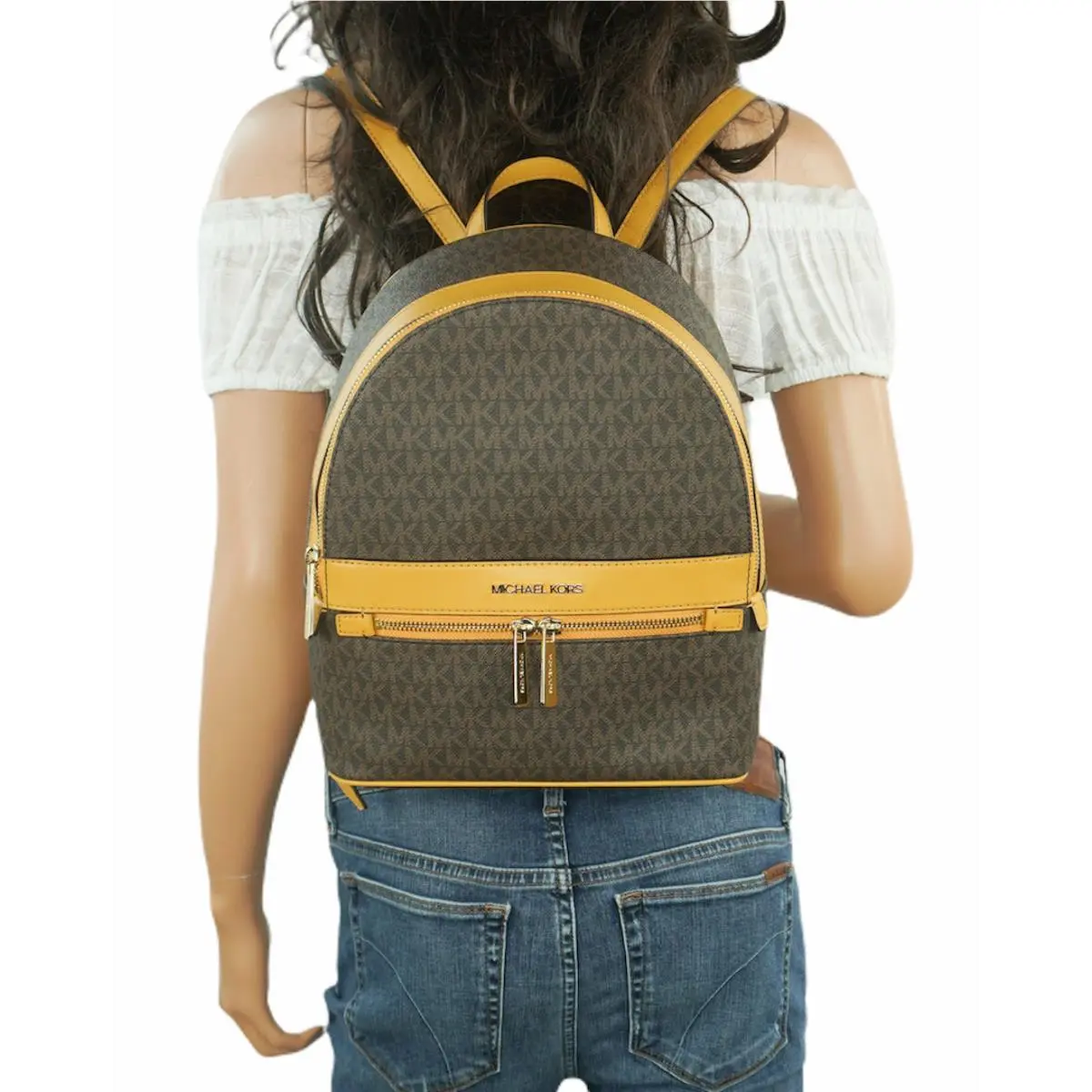 Michael Kors Kenly Medium Backpack Pvc Leather MK Brown Yellow