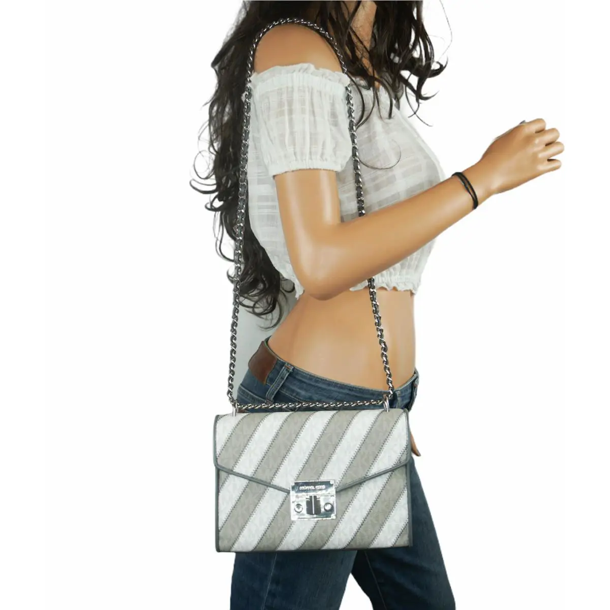 Michael Kors Rose Medium Leather Shoulder Crossbody Bag Grey White