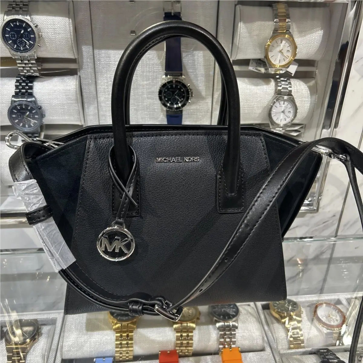 Michael Kors Avril Women Small Pebbled Leather Crossbody Satchel Bag Black