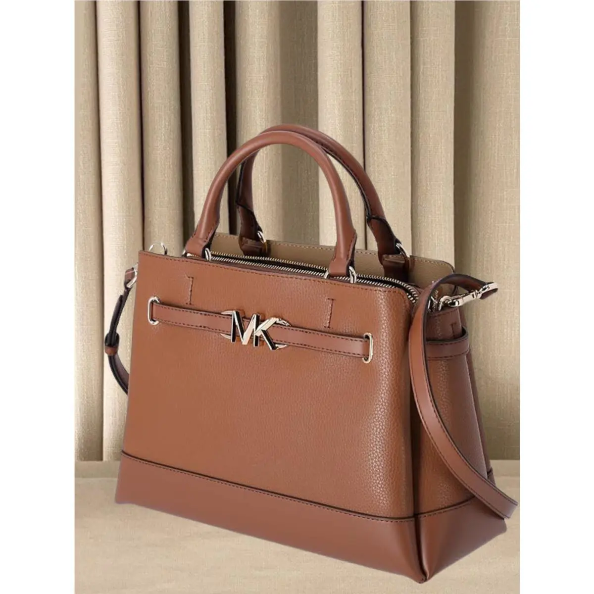 Michael Kors Reed Large Women’s MK Belted Leather Satchel Crossbody Bag Luggage