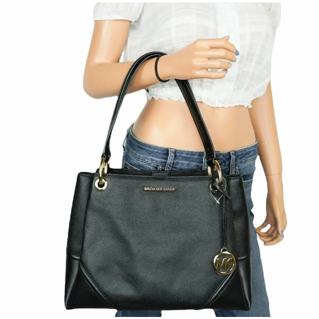 Michael Kors Nicole Large Triple Compartment Shoulder Leather Tote Bag Black
